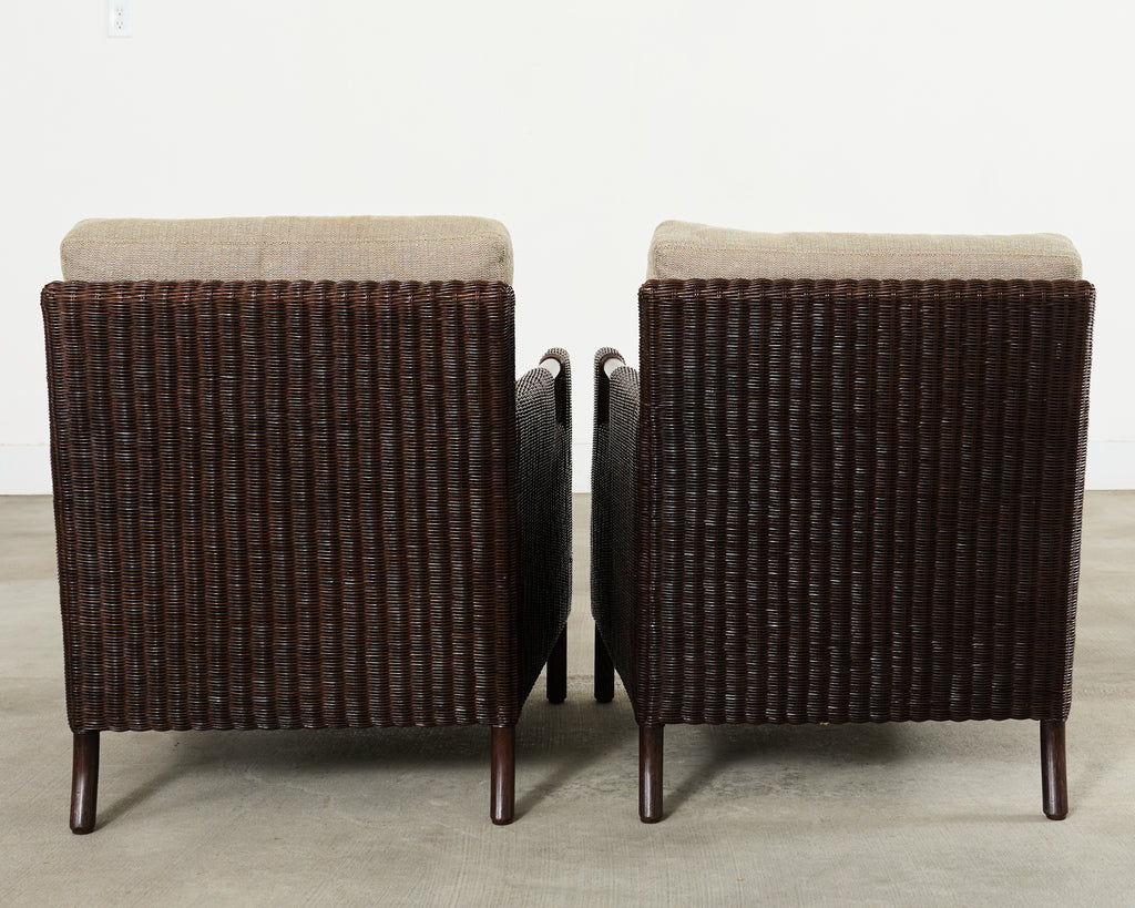 Pair Thomas Pheasant McGuire Rattan Lounge Chairs + Ottoman