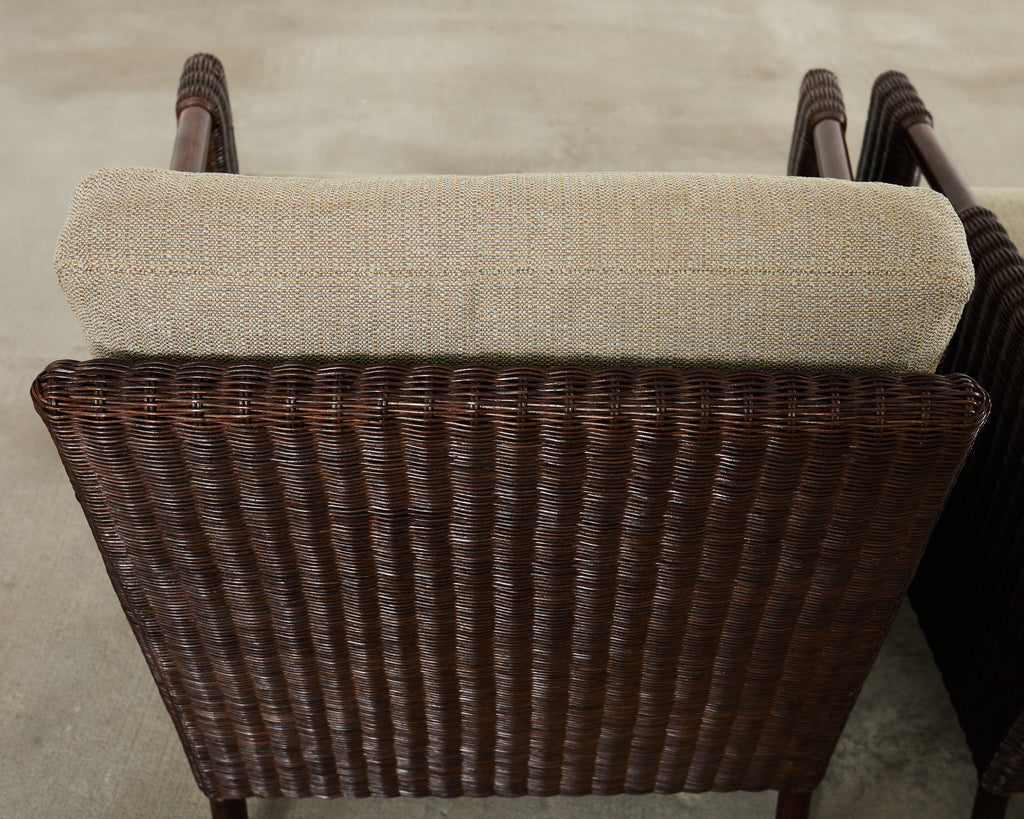 Pair Thomas Pheasant McGuire Rattan Lounge Chairs + Ottoman