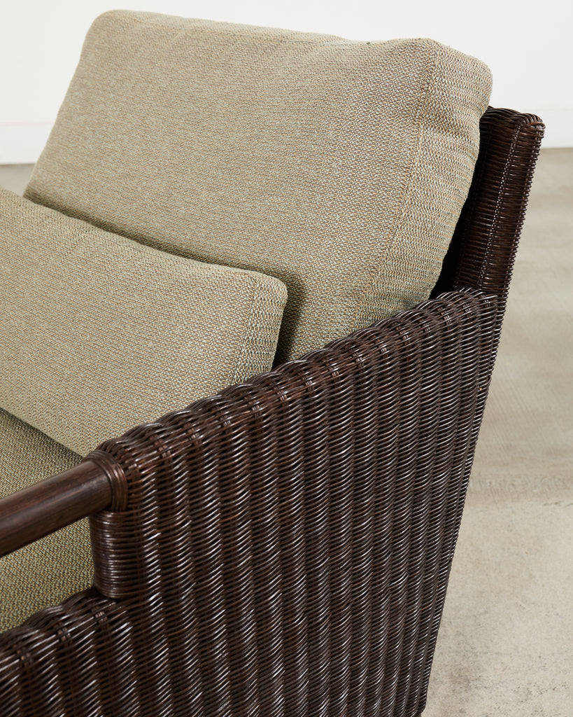 Pair Thomas Pheasant McGuire Rattan Lounge Chairs + Ottoman