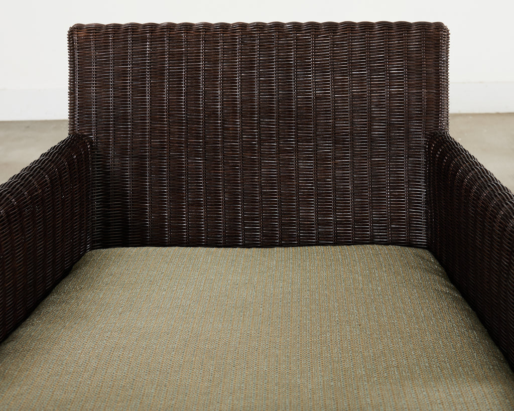 Pair Thomas Pheasant McGuire Rattan Lounge Chairs + Ottoman