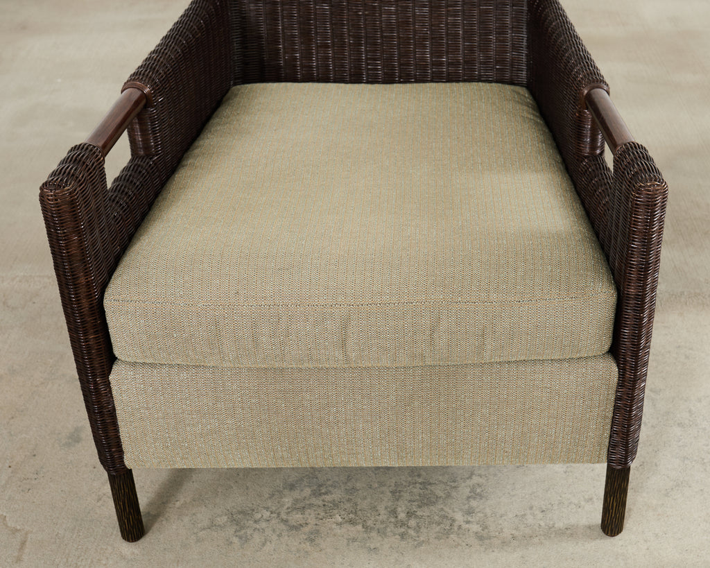 Pair Thomas Pheasant McGuire Rattan Lounge Chairs + Ottoman