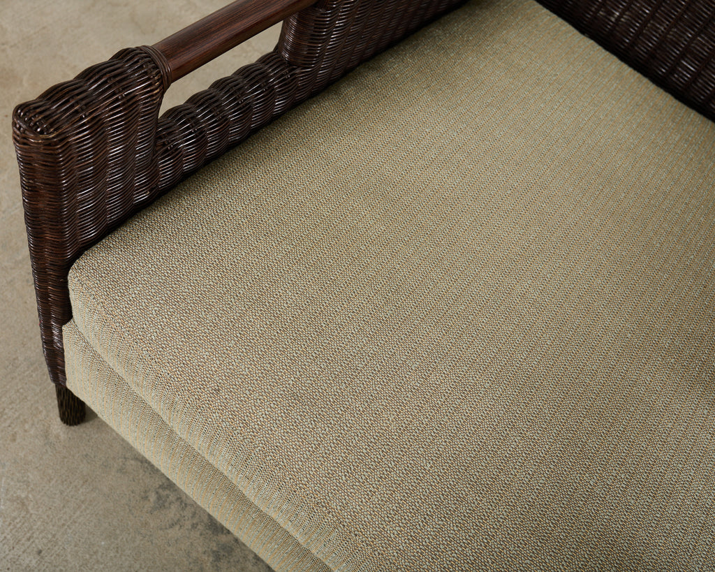 Pair Thomas Pheasant McGuire Rattan Lounge Chairs + Ottoman