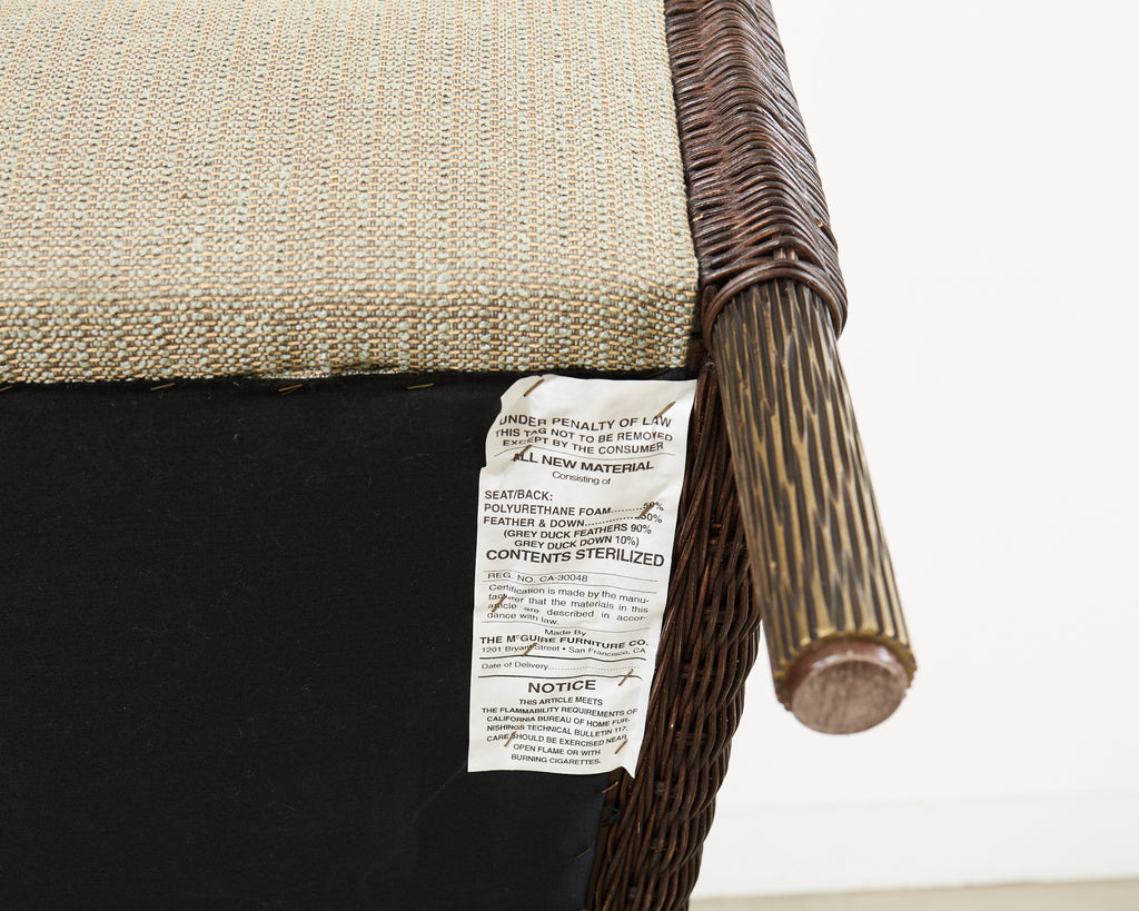 Pair Thomas Pheasant McGuire Rattan Lounge Chairs + Ottoman