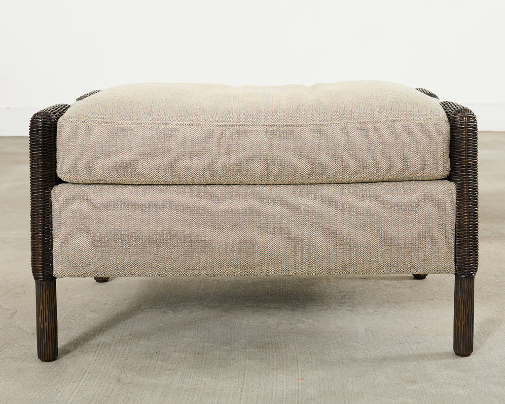 Pair Thomas Pheasant McGuire Rattan Lounge Chairs + Ottoman