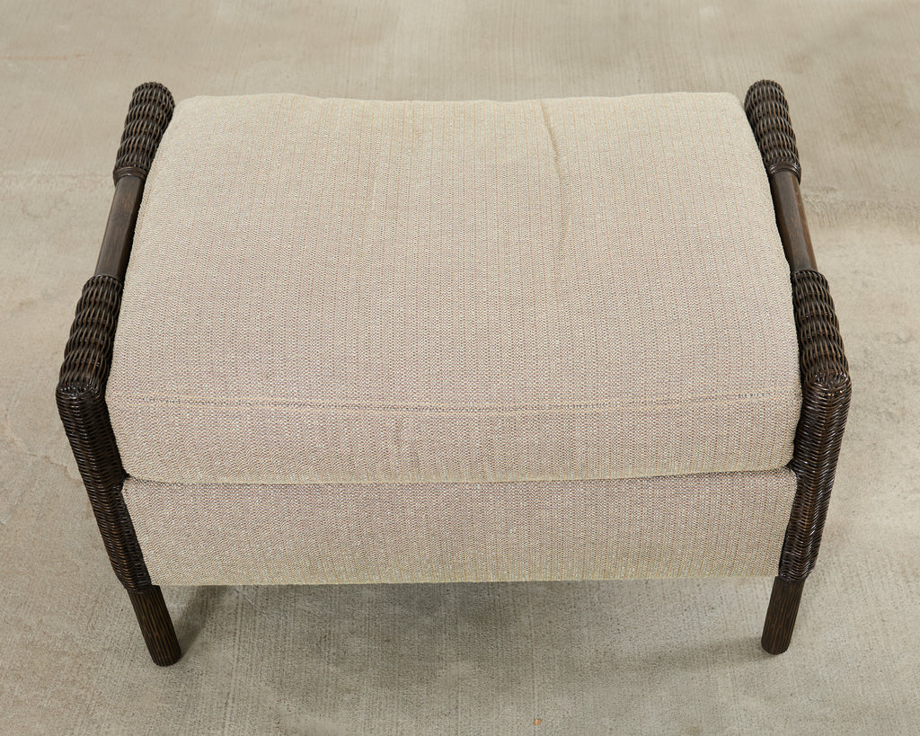 Pair Thomas Pheasant McGuire Rattan Lounge Chairs + Ottoman