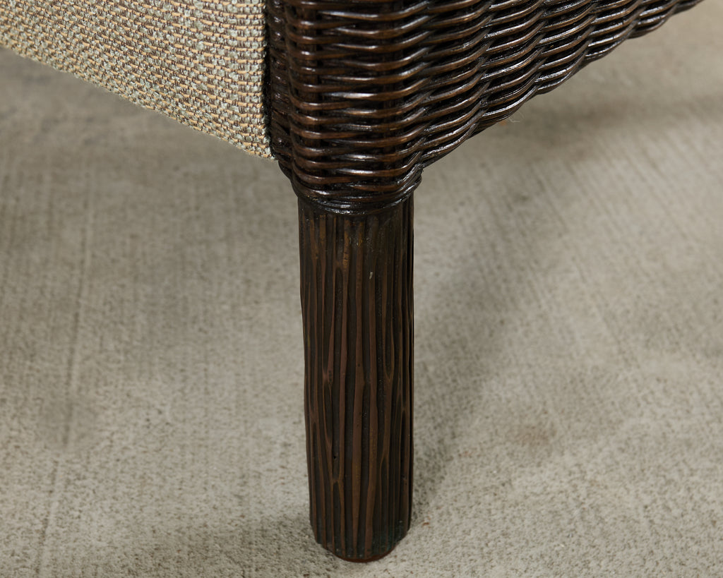 Pair Thomas Pheasant McGuire Rattan Lounge Chairs + Ottoman