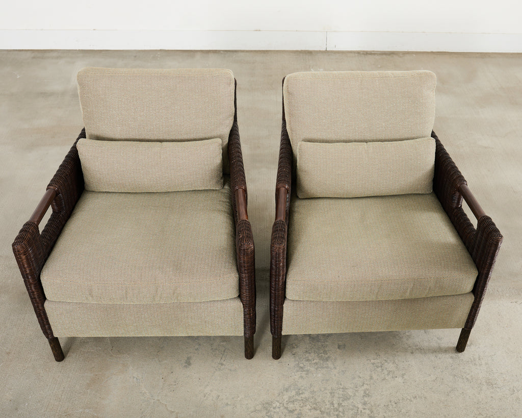 Pair Thomas Pheasant McGuire Rattan Lounge Chairs + Ottoman