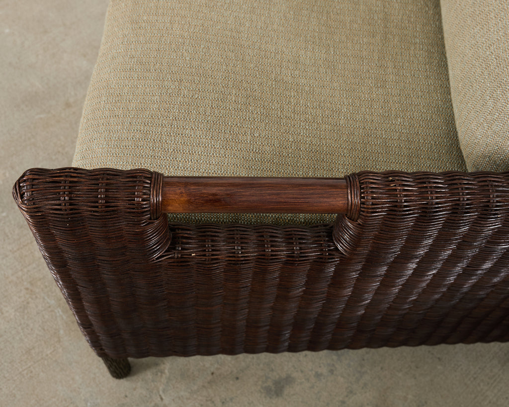 Pair Thomas Pheasant McGuire Rattan Lounge Chairs + Ottoman