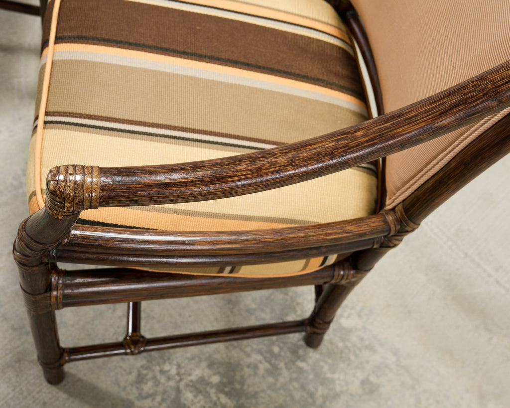 Set of Four McGuire Rattan Target Upholstered Dining Armchairs