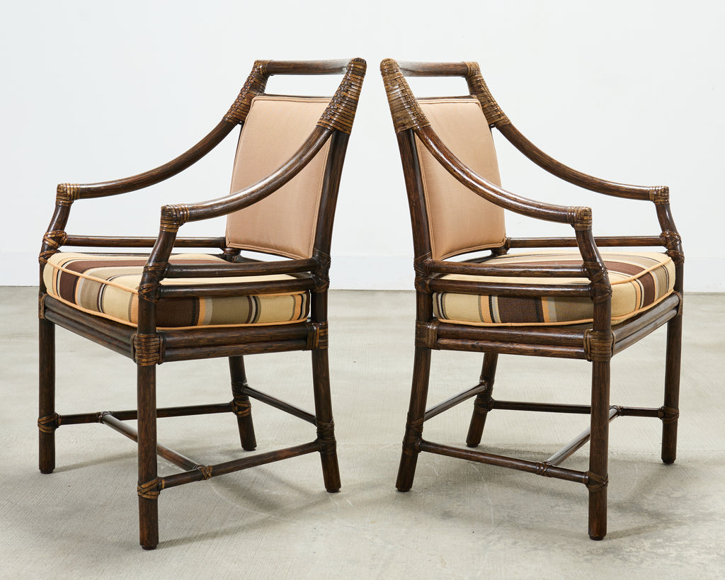 Set of Four McGuire Rattan Target Upholstered Dining Armchairs