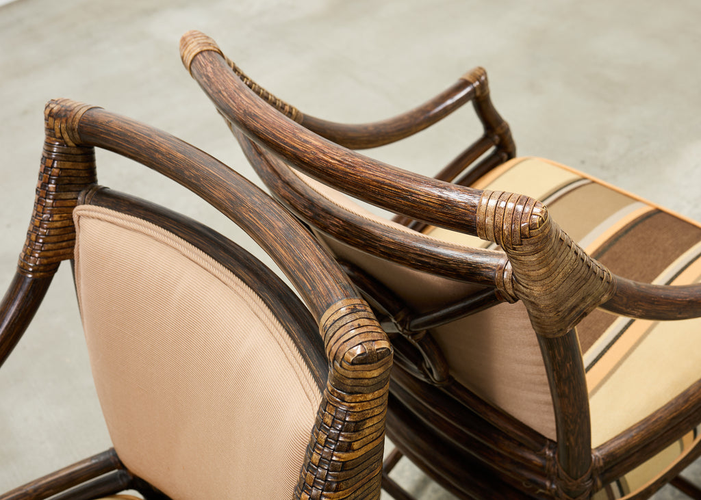 Set of Four McGuire Rattan Target Upholstered Dining Armchairs