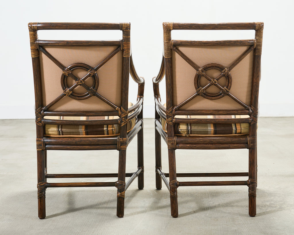 Set of Four McGuire Rattan Target Upholstered Dining Armchairs