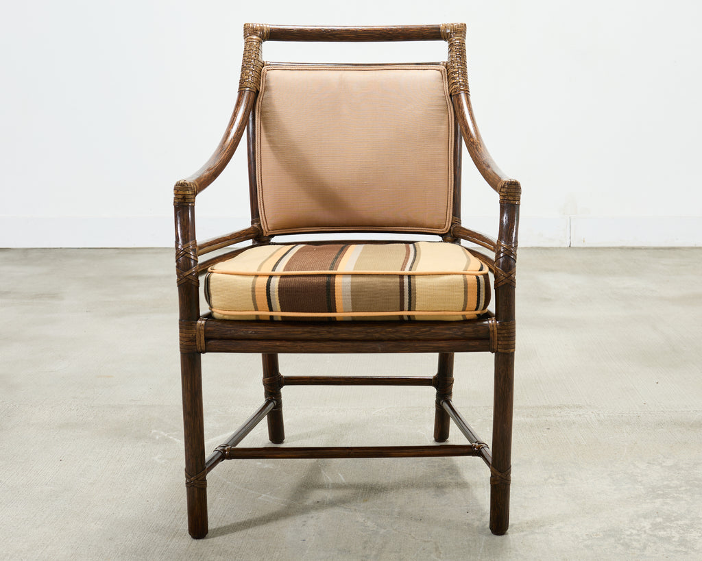 Set of Four McGuire Rattan Target Upholstered Dining Armchairs