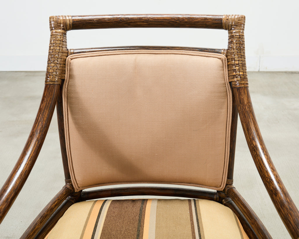 Set of Four McGuire Rattan Target Upholstered Dining Armchairs