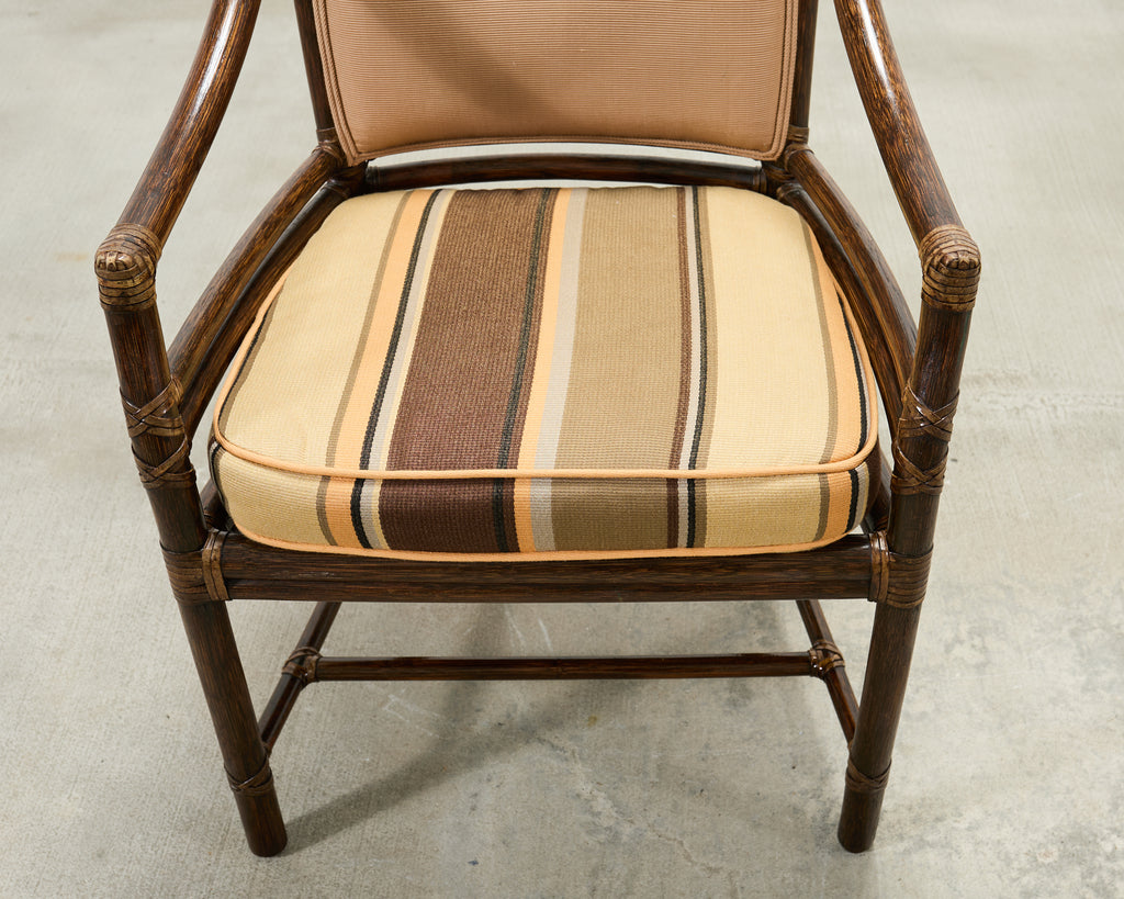 Set of Four McGuire Rattan Target Upholstered Dining Armchairs