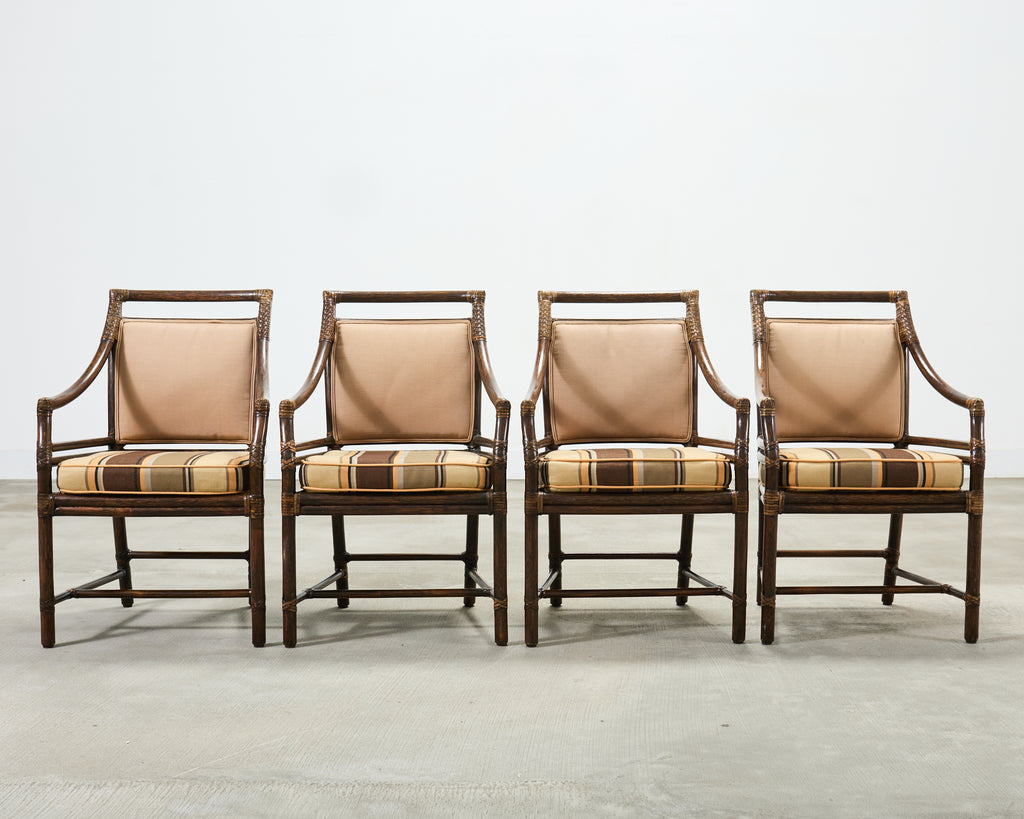 Set of Four McGuire Rattan Target Upholstered Dining Armchairs