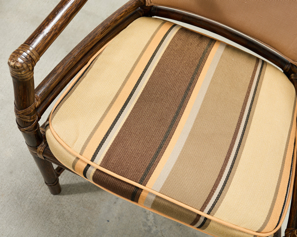 Set of Four McGuire Rattan Target Upholstered Dining Armchairs