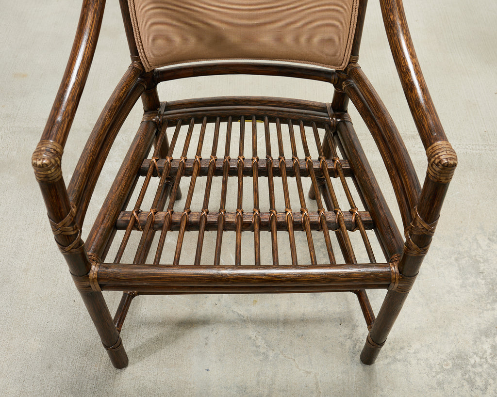 Set of Four McGuire Rattan Target Upholstered Dining Armchairs