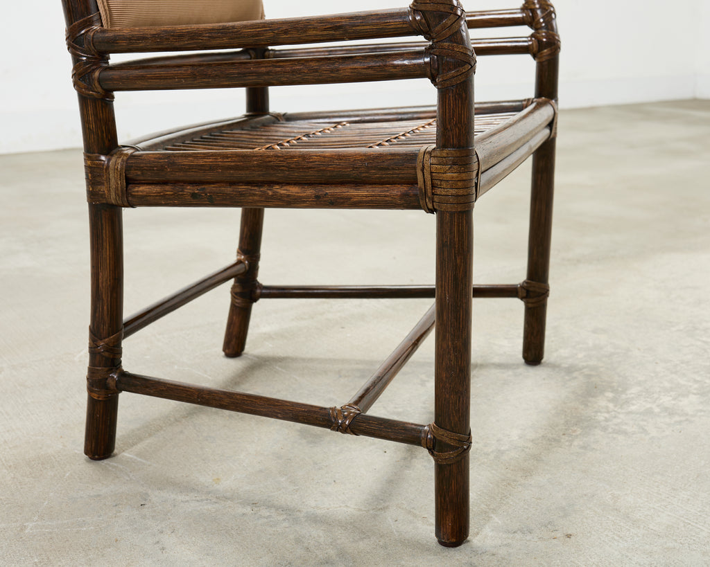 Set of Four McGuire Rattan Target Upholstered Dining Armchairs