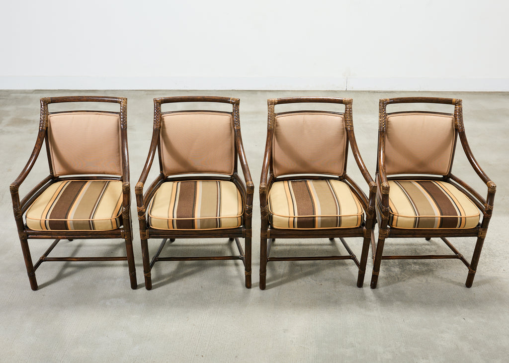 Set of Four McGuire Rattan Target Upholstered Dining Armchairs
