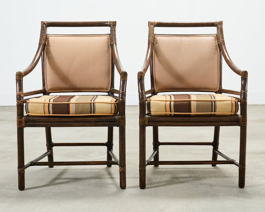 Set of Four McGuire Rattan Target Upholstered Dining Armchairs