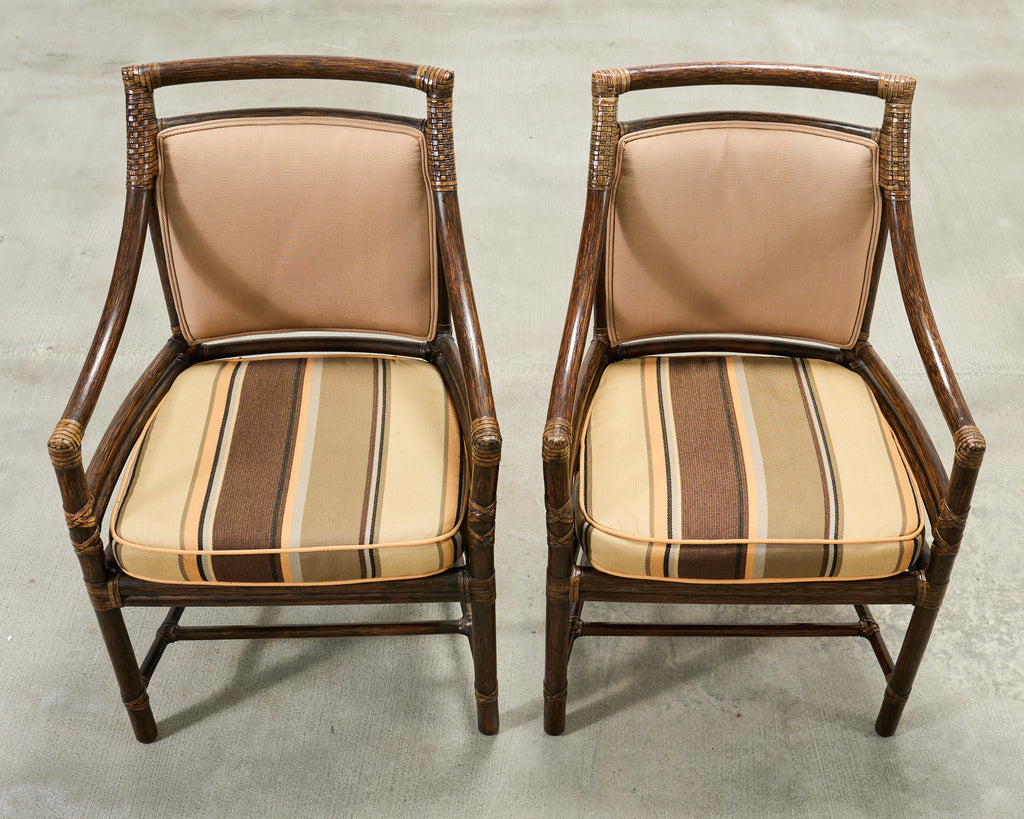 Set of Four McGuire Rattan Target Upholstered Dining Armchairs