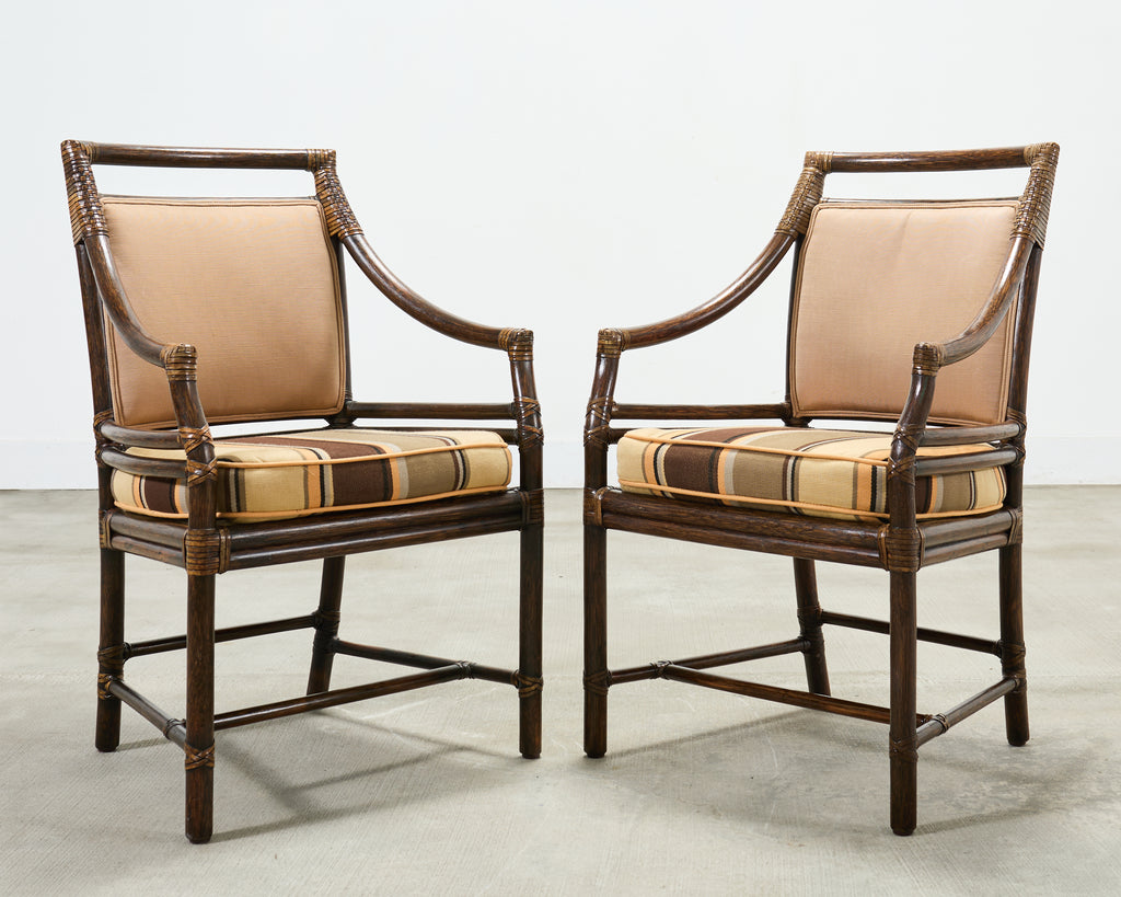 Set of Four McGuire Rattan Target Upholstered Dining Armchairs