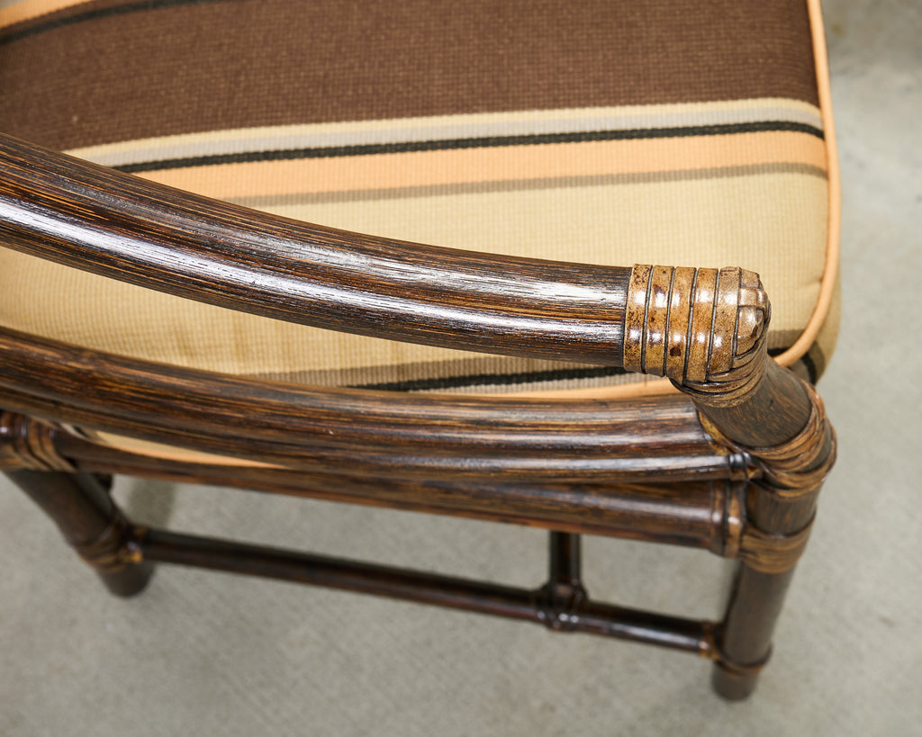 Set of Four McGuire Rattan Target Upholstered Dining Armchairs