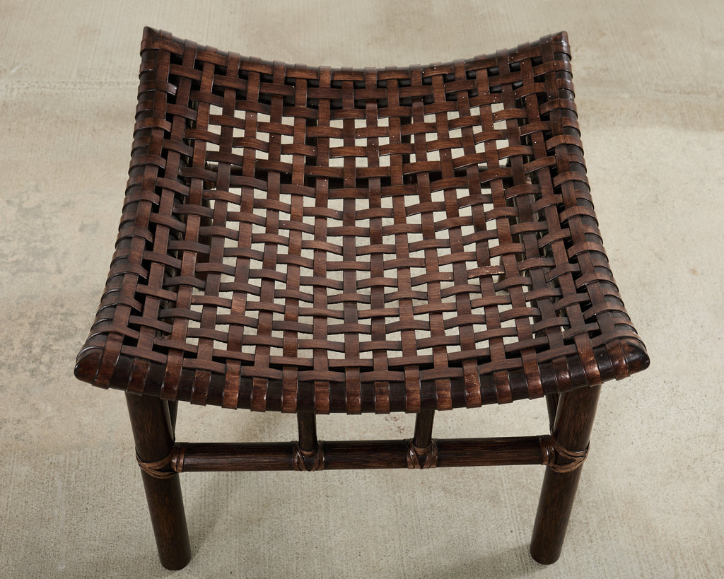 Pair of McGuire Laced Leather Rawhide Rattan Ottoman Stools