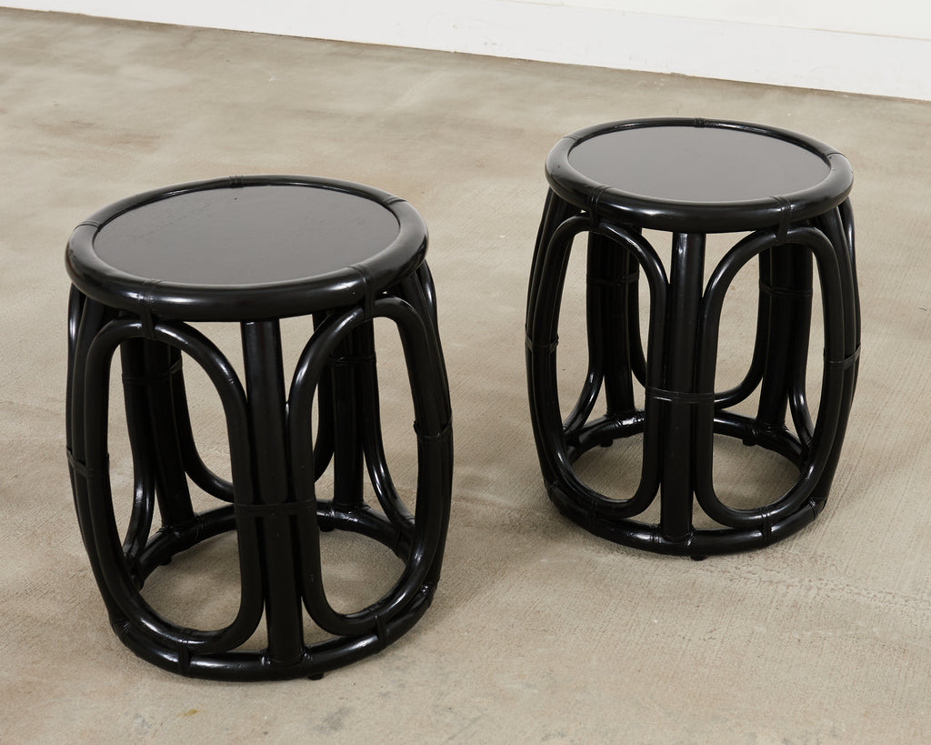 Pair McGuire Lacquered Rattan Taborette Drum Drink Tables