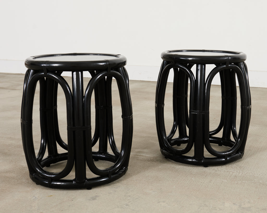 Pair McGuire Lacquered Rattan Taborette Drum Drink Tables