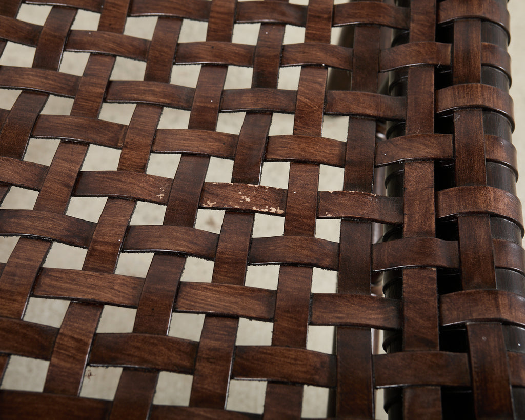 Pair of McGuire Laced Leather Rawhide Rattan Ottoman Stools