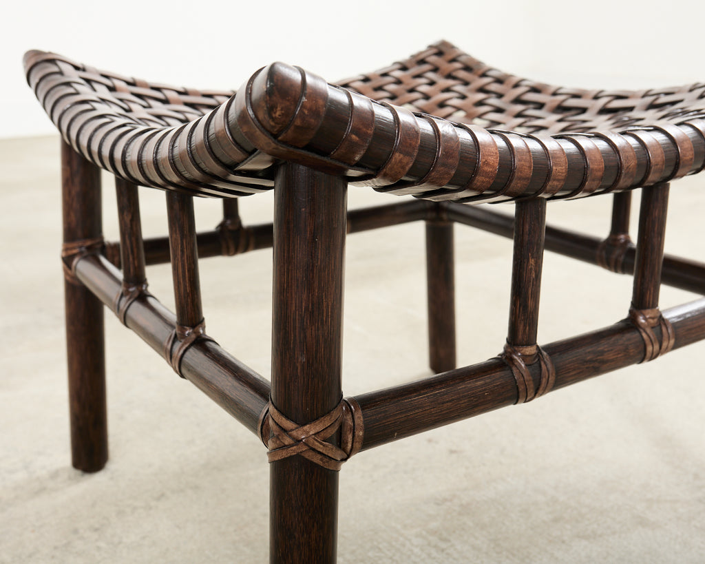 Pair of McGuire Laced Leather Rawhide Rattan Ottoman Stools