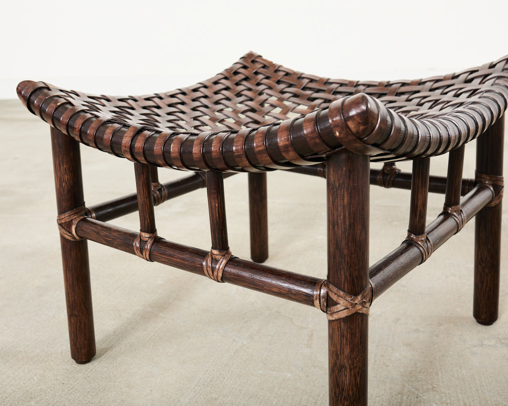 Pair of McGuire Laced Leather Rawhide Rattan Ottoman Stools