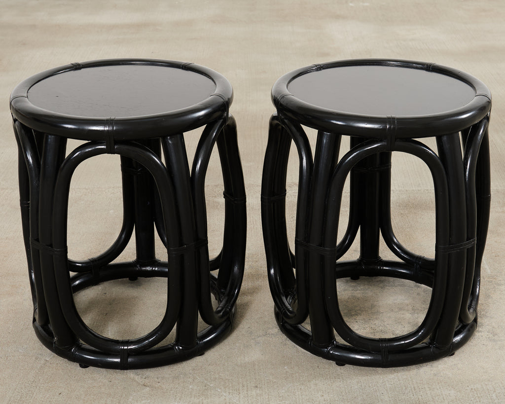 Pair McGuire Lacquered Rattan Taborette Drum Drink Tables