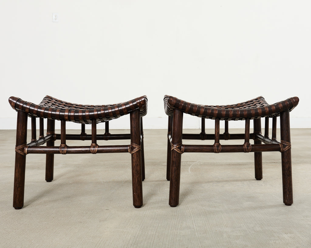 Pair of McGuire Laced Leather Rawhide Rattan Ottoman Stools