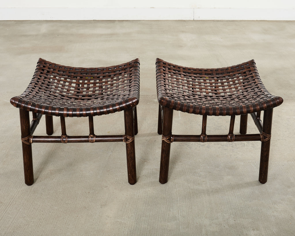 Pair of McGuire Laced Leather Rawhide Rattan Ottoman Stools
