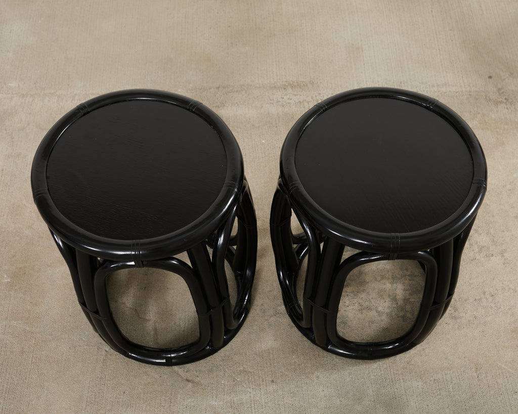 Pair McGuire Lacquered Rattan Taborette Drum Drink Tables
