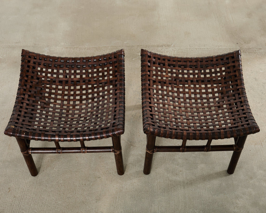 Pair of McGuire Laced Leather Rawhide Rattan Ottoman Stools