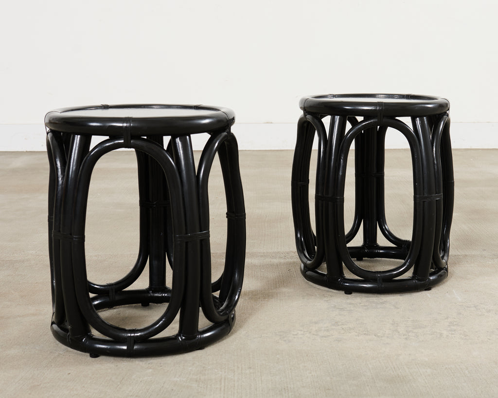 Pair McGuire Lacquered Rattan Taborette Drum Drink Tables