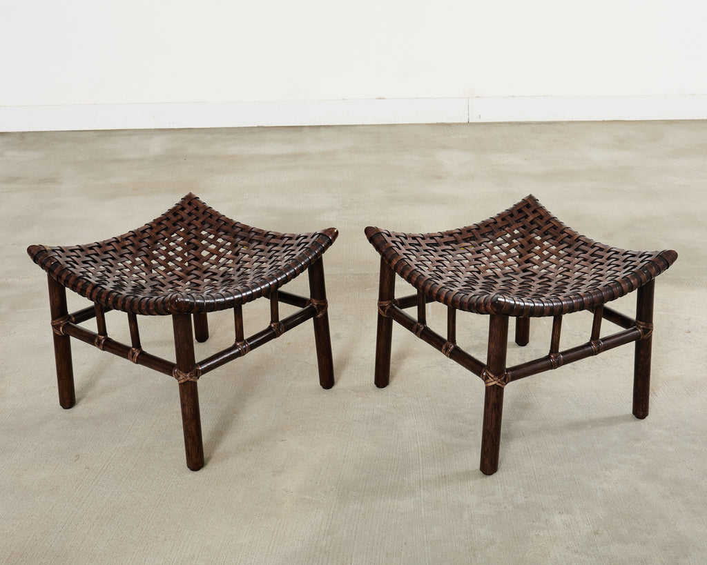 Pair of McGuire Laced Leather Rawhide Rattan Ottoman Stools