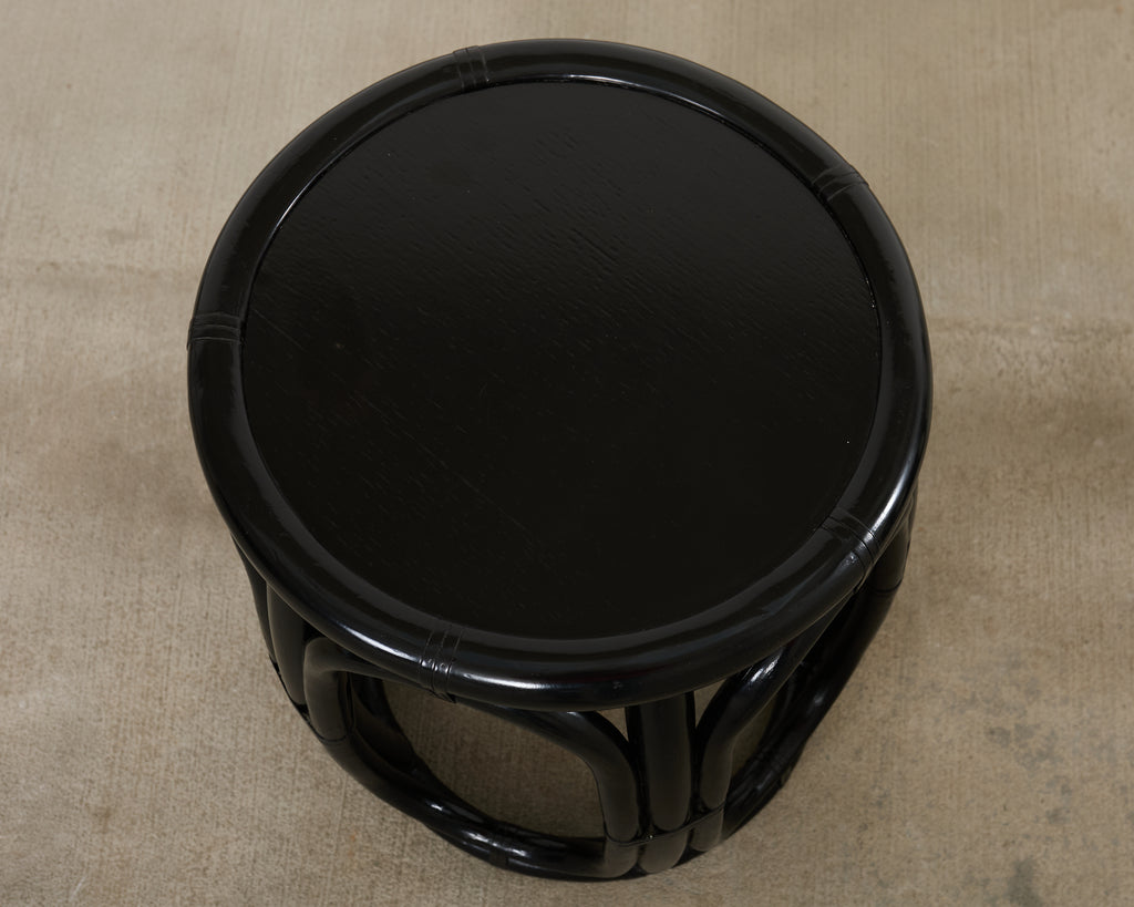 Pair McGuire Lacquered Rattan Taborette Drum Drink Tables