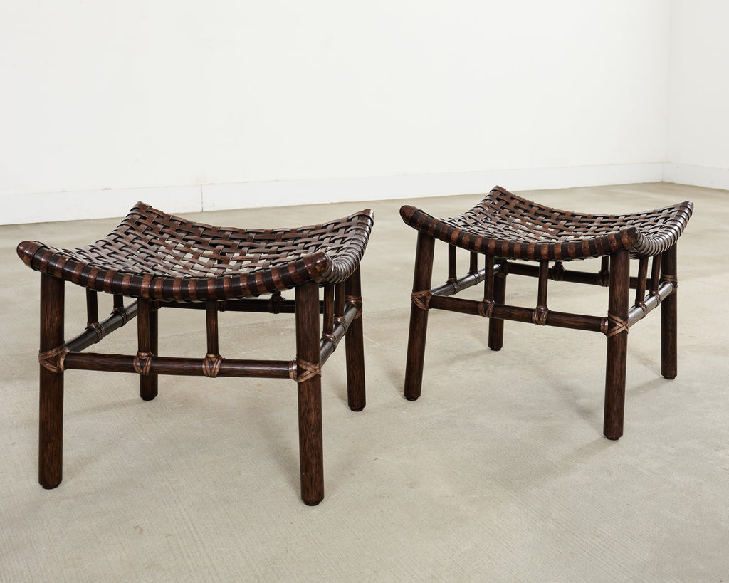 Pair of McGuire Laced Leather Rawhide Rattan Ottoman Stools
