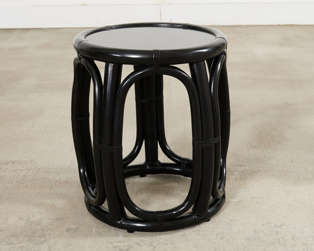 Pair McGuire Lacquered Rattan Taborette Drum Drink Tables