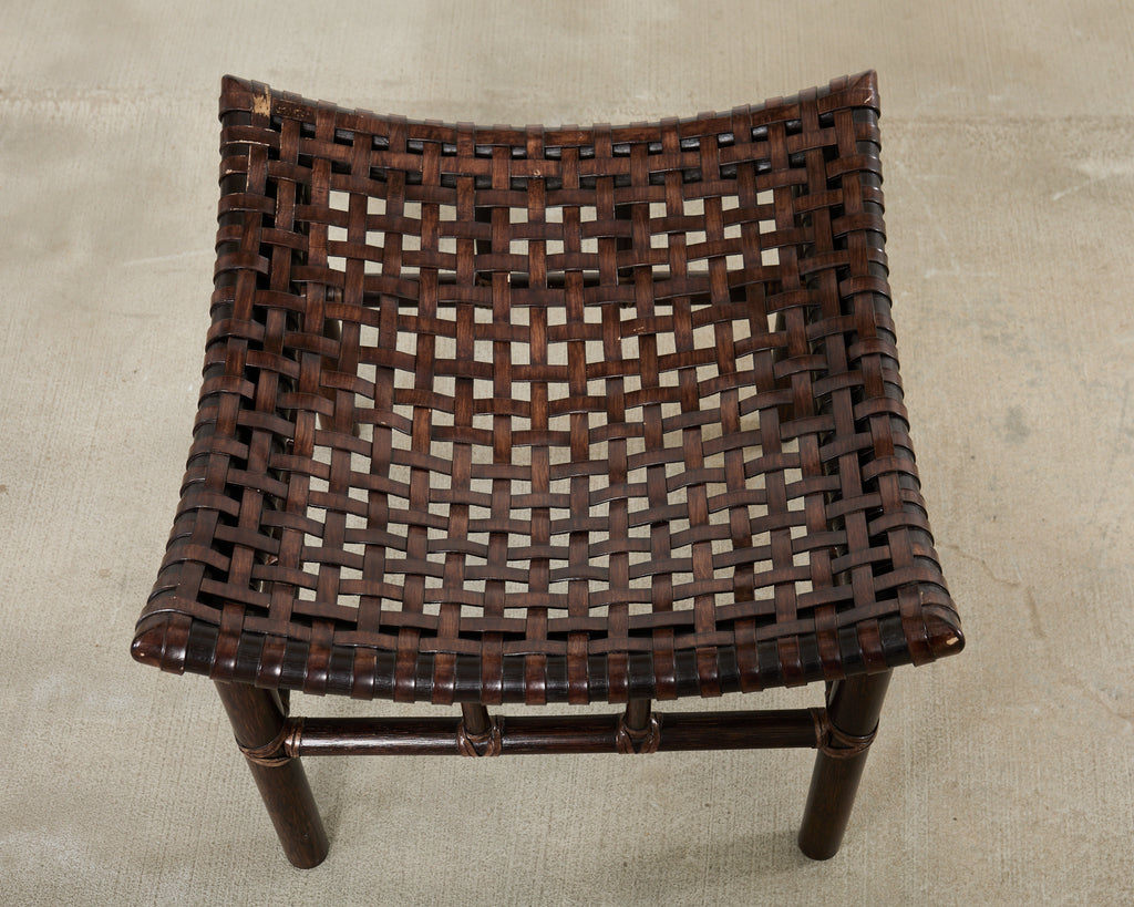 Pair of McGuire Laced Leather Rawhide Rattan Ottoman Stools