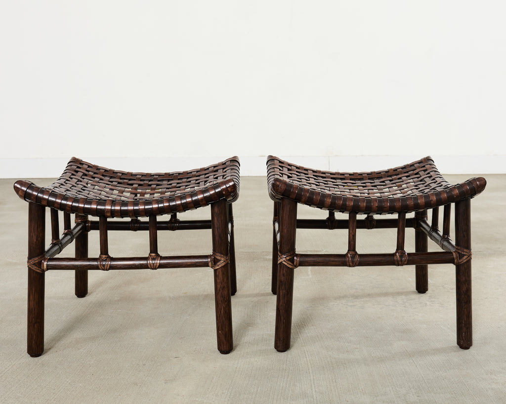 Pair of McGuire Laced Leather Rawhide Rattan Ottoman Stools