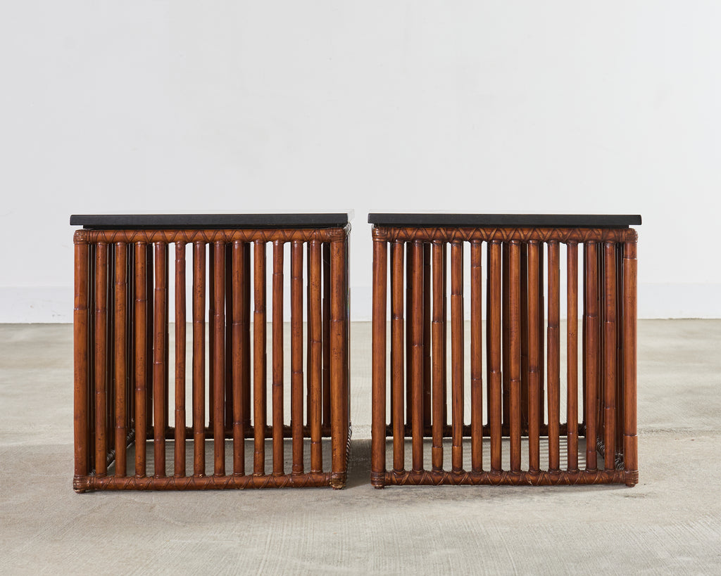 Pair of McGuire Bamboo Cube Granite Top Drinks Tables