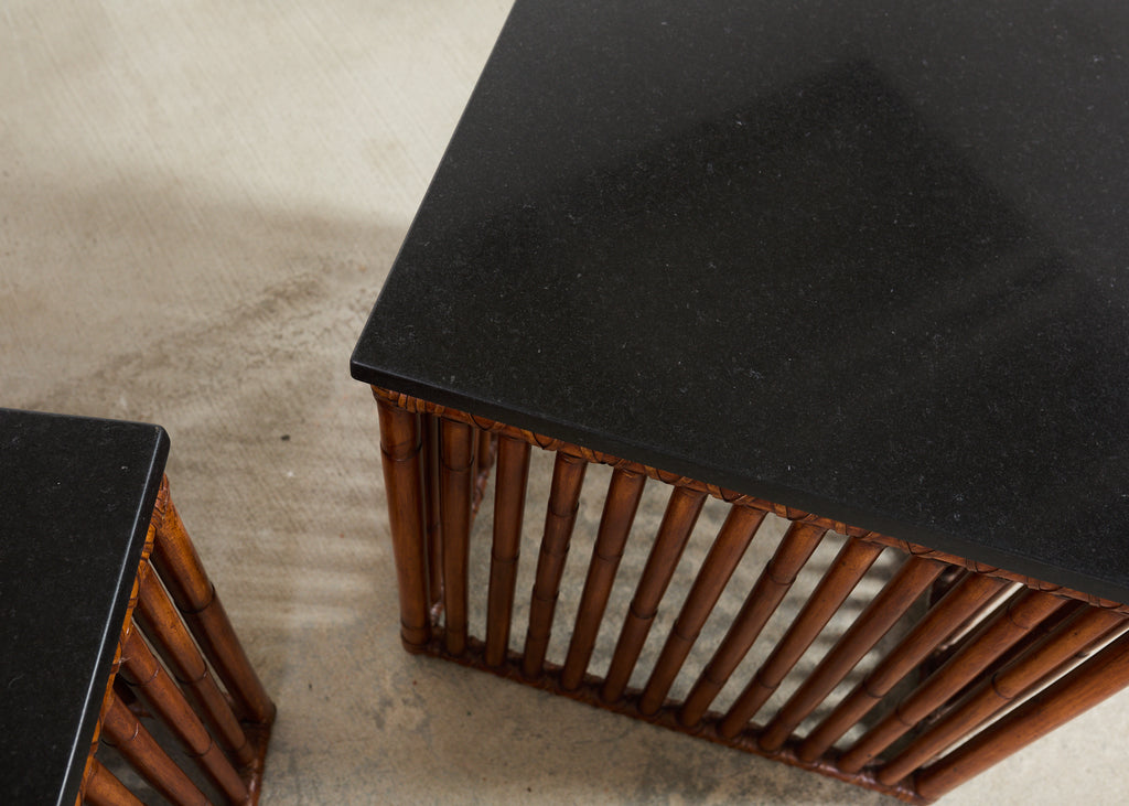 Pair of McGuire Bamboo Cube Granite Top Drinks Tables