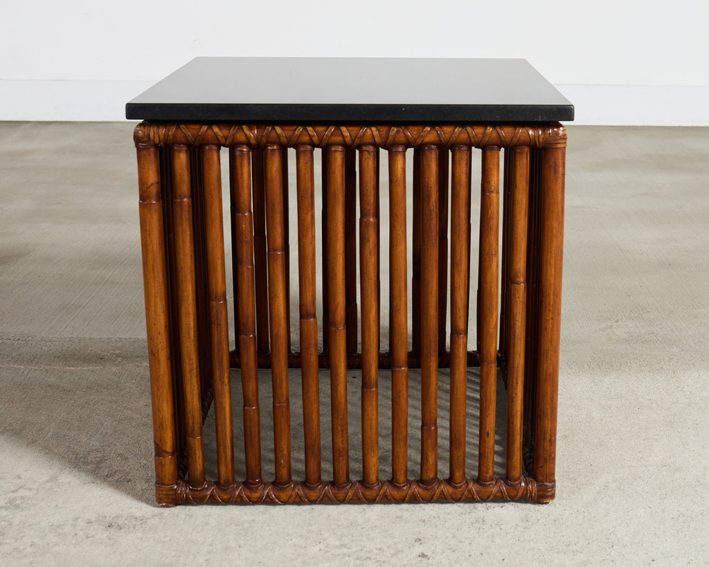 Pair of McGuire Bamboo Cube Granite Top Drinks Tables