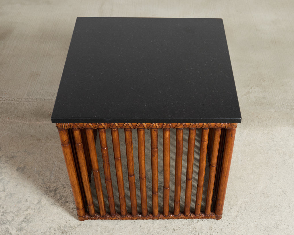 Pair of McGuire Bamboo Cube Granite Top Drinks Tables